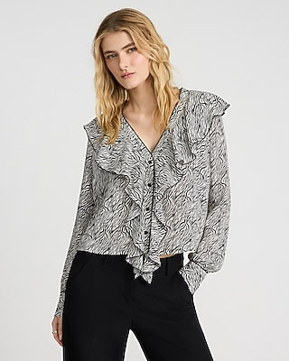 Express Women's Zebra Print Ruffle Front Long Sleeve Top Small