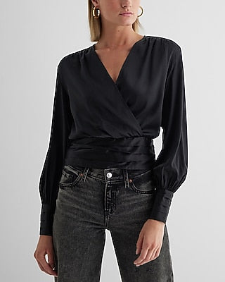 Express Women's Satin V-Neck Balloon Sleeve Faux Wrap Top in Pitch Black