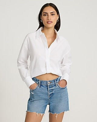 Express Women's Cotton Poplin Long Sleeve Adjustable Hem Shirt in White