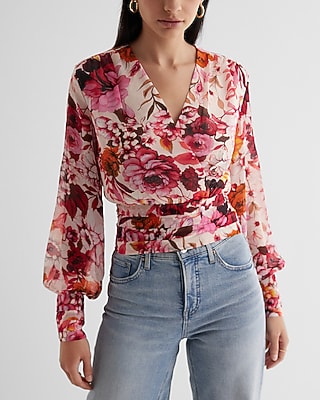 Express Women's Floral V-Neck Long Sleeve Faux Wrap Pleated Waist Top in Pink Print