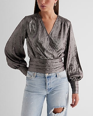 Express Women's Metallic V-Neck Balloon Sleeve Faux Wrap Top in Iron
