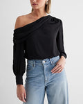 Express Women's Off The Shoulder Draped Balloon Sleeve Bodysuit in Pitch Black