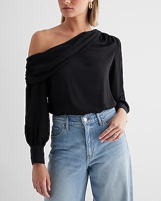 Express Women's Off The Shoulder Draped Balloon Sleeve Bodysuit in Pitch Black
