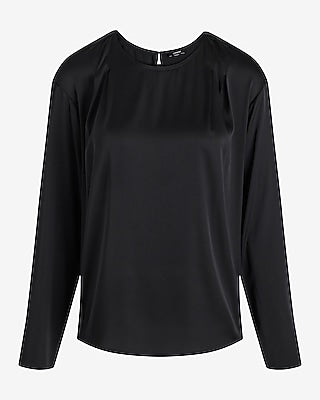 Express Women's Satin Long Sleeve Pleated Gramercy T-Shirt in Black Small