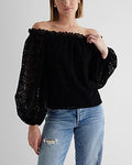 Express Women's Velvet Lace Ruffle Neck Off The Shoulder Balloon Sleeve Top in Pitch Black