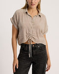 Express Women's Linen-Blend Short Sleeve Cinched Tie Front Cropped Shirt in Neutral Stripe