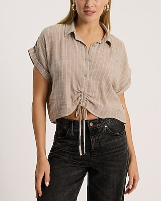 Express Women's Linen-Blend Short Sleeve Cinched Tie Front Cropped Shirt in Neutral Stripe