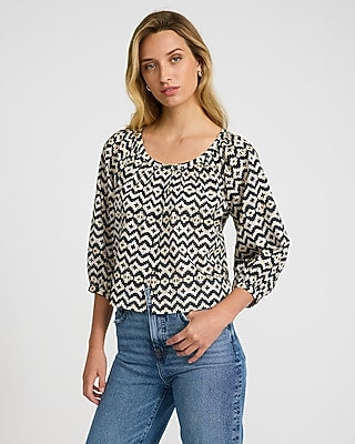Express Women's Cotton Voile Printed Scoop Neck Balloon Sleeve Button Front Top in Neutral Print