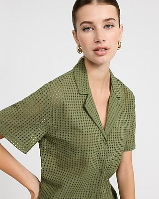 Express Women's Cotton Eyelet Short Sleeve Shirt in Green