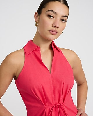 Express Women's Summer-Blend Linen V-Neck Reversible Tie Waist Tank Top in Pink Small