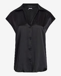 Express Women's Satin Cap Sleeve Button Up Shirt in Pitch Black