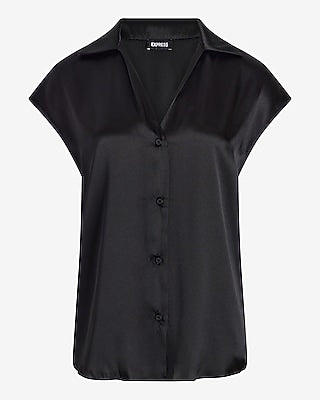 Express Women's Satin Cap Sleeve Button Up Shirt in Pitch Black