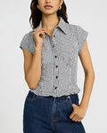 Express Women's Gingham Short Sleeve Ruffle Hem Shirt in Black Small