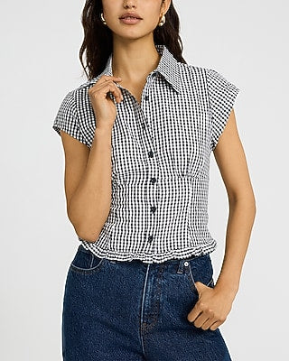 Express Women's Gingham Short Sleeve Ruffle Hem Shirt in Black Small