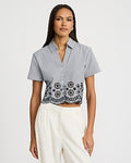 Express Women's Striped Eyelet Scalloped Button Front Short Sleeve Shirt in Pitch Black