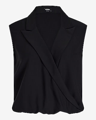 Express Women's Collared V-Neck Sleeveless Faux Wrap Front Top in Pitch Black