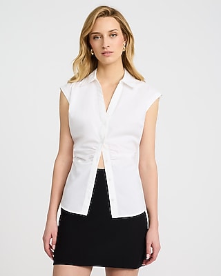 Express Women's Stretch Cotton Poplin Cap Sleeve Ruched Shirt in White Small