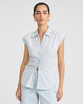 Express Women's Cotton Denim Cap Sleeve Button Front Ruched Shirt in Blue Small