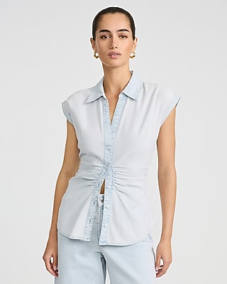 Express Women's Cotton Denim Cap Sleeve Button Front Ruched Shirt in Blue Small