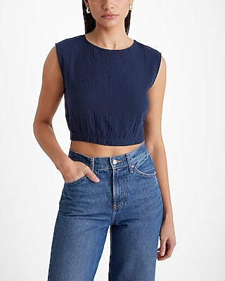Express Women's Crew Neck Elastic Waist Crop Top in Dark Navy