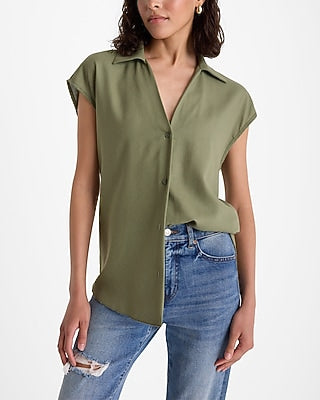 Express Women's Linen-Blend Cap Sleeve Oversized Button Up Shirt in Olive Green