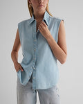 Express Women's Denim Sleeveless Button Up Shirt in Blue Small