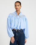 Express Women's Eyelet Mock Neck Long Sleeve Bubble Hem Shirt in Blue Small