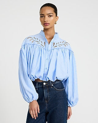 Express Women's Eyelet Mock Neck Long Sleeve Bubble Hem Shirt in Blue Small