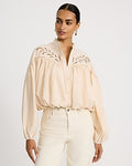 Express Women's Eyelet Mock Neck Long Sleeve Bubble Hem Shirt in Neutral Small