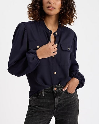 Express Women's Balloon Sleeve Novelty Button Front Pocket Shirt in Navy Blue
