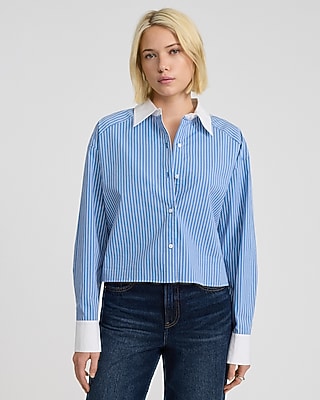 Express Women's Striped Poplin Cropped Oversized Shirt in Navy Stripe