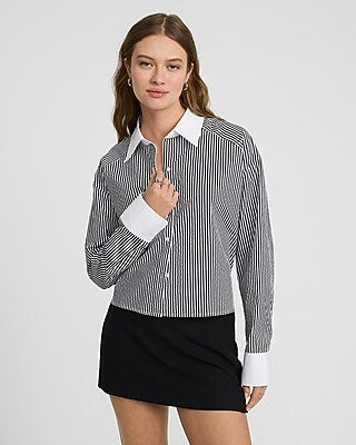 Express Women's Stretch Cotton Poplin Striped Shirt in Black And White Stripe