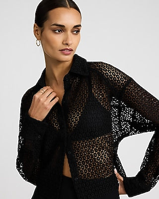 Express Women's Corded Lace Cropped Shirt in Pitch Black