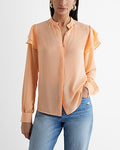 Express Women's Relaxed Gathered Neck Ruffle Shoulder Portofino Shirt in Orange Small