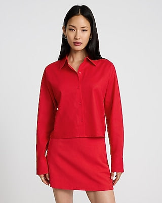 Express Women's Linen-Blend Cropped Boyfriend Shirt in Bright Red