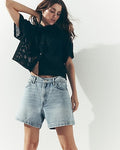 Express Women's Eyelet Short Sleeve Cropped Shirt in Pitch Black
