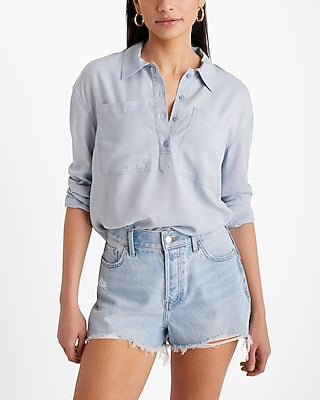 Express Women's Half Button Up Front Pocket Shirt in Ice Blue