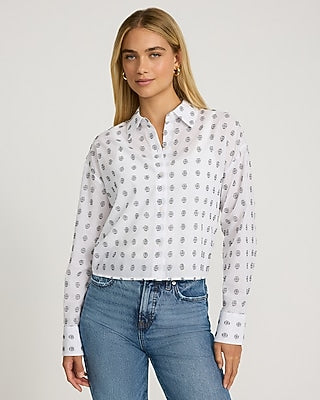 Express Women's Cotton Jacquard Printed Cropped Shirt in White