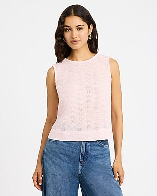 Express Women's Cotton Eyelet Crew Neck Button Back Tank Top in Light Pink