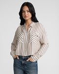 Express Women's Striped Double Pocket Cropped Shirt in Neutral Stripe