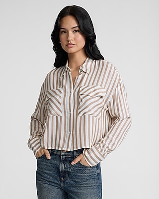 Express Women's Striped Double Pocket Cropped Shirt in Neutral Stripe