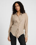 Express Women's Striped Lace Up Cinched Waist Boyfriend Portofino Shirt in Neutral Small