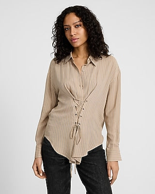 Express Women's Striped Lace Up Cinched Waist Boyfriend Portofino Shirt in Neutral Stripe