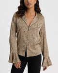 Express Women's Satin Leopard V-Neck Flare Sleeve Shirt Small