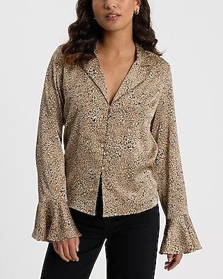 Express Women's Satin Leopard V-Neck Flare Sleeve Shirt in Neutral Print