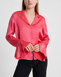 Express Women's Satin V-Neck Flare Sleeve Shirt in Pink Small