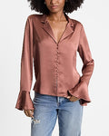 Express Women's Satin V-Neck Flare Sleeve Shirt in Vintage Peach