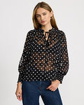 Express Women's Sheer Polka Dot Tie Neck Long Sleeve Top in Blue Print
