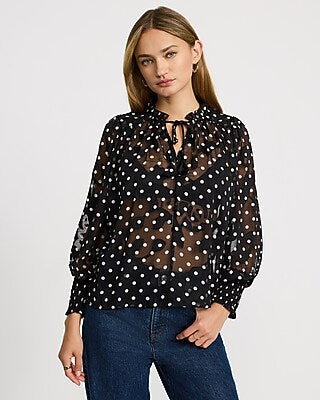 Express Women's Sheer Polka Dot Tie Neck Long Sleeve Top Small