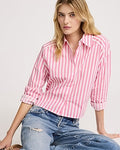 Express Women's Stretch Cotton Poplin Striped Cropped Shirt in Pink Stripe